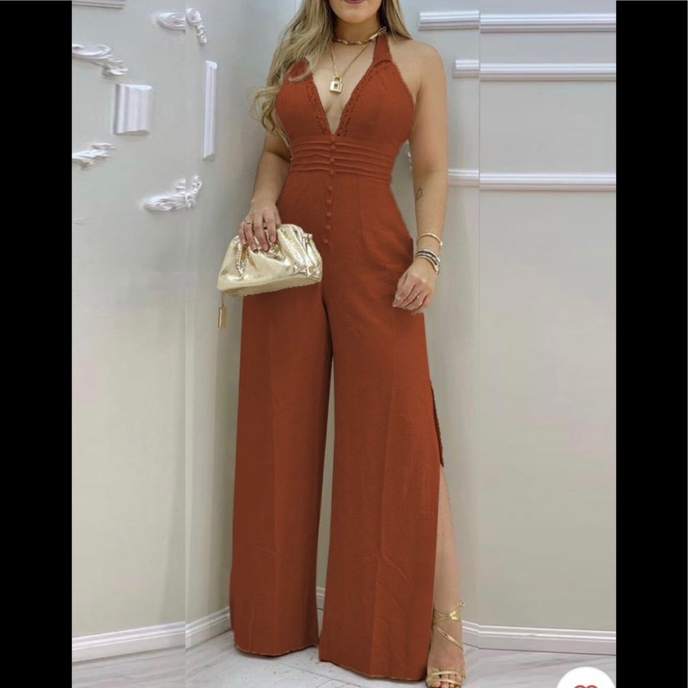 Lace trim buttoned backless slit jumpsuit.